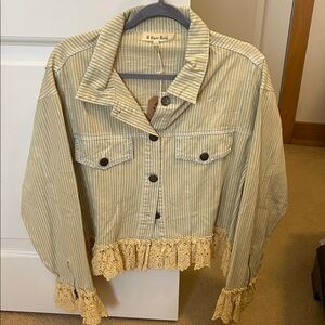 A Rare Bird Striped Jacket with Lace Trim - and fringe in the back lt blue Cream